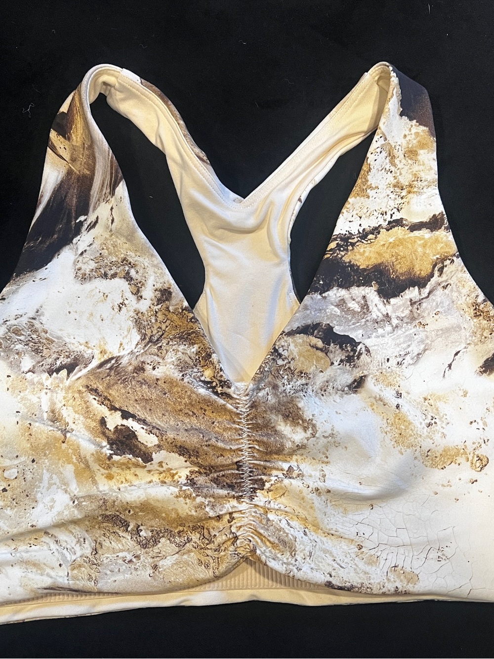 CALIA by Carrie Underwood Cream and Brown Marbled V-Neck Ruched Sports Bra